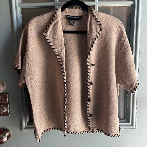 Vintage Retro Boho Knit Stitch Hem Linen Woven Short Sleeved Casual Button Up M - Picture 3 of 7